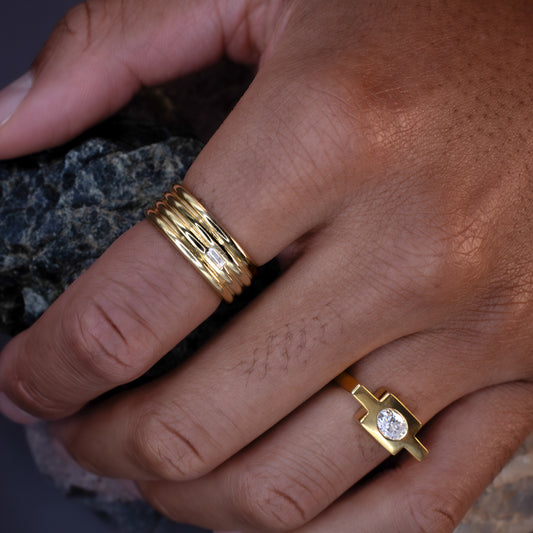 Quad Stacked Baguette Band with Round Stones Accents